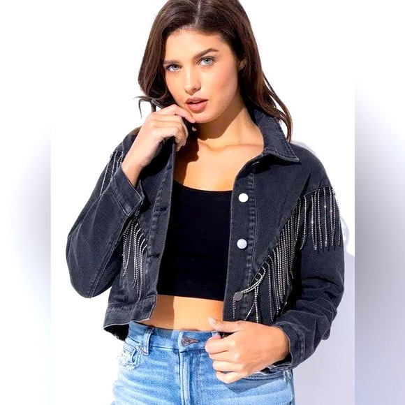 Rhinestone Fringe Crop Denim Jacket - Picture 2 of 7